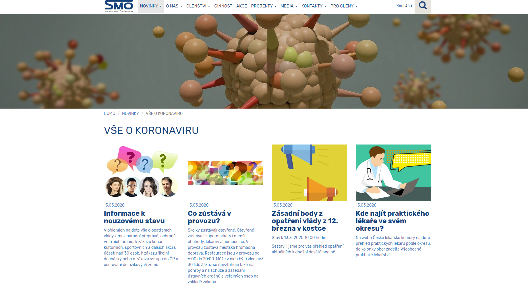 Stránka na webu Svazu měst a obcí Vše o koronaviru
